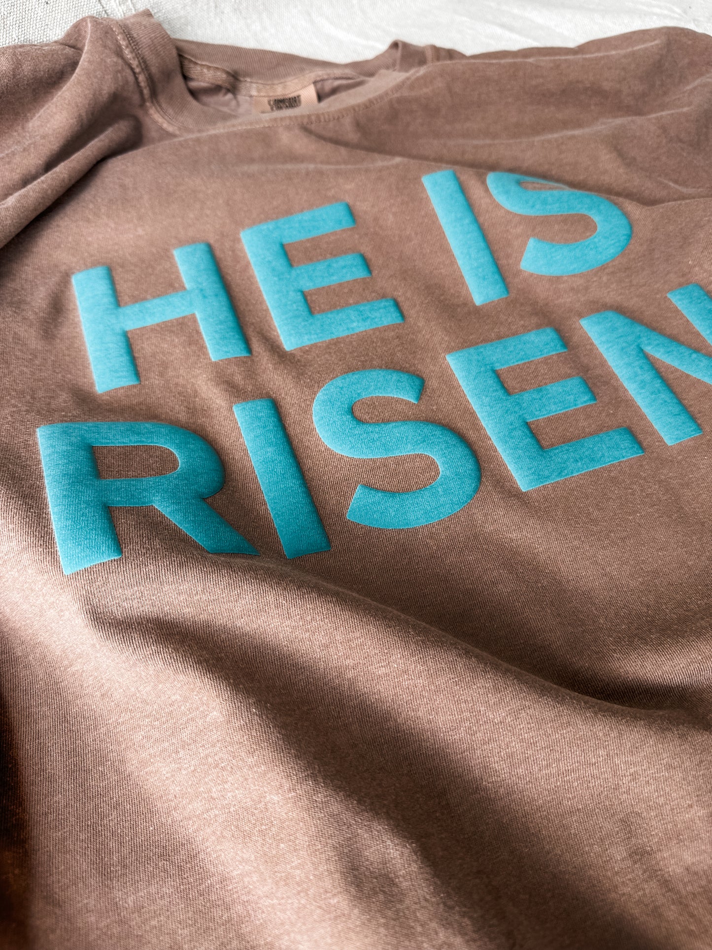 He Is Risen- Green puff- BROWN Comfort Colors Tee