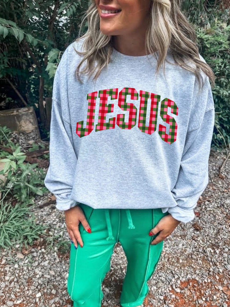 Jesus Pink Gingham- Ash Sweatshirt