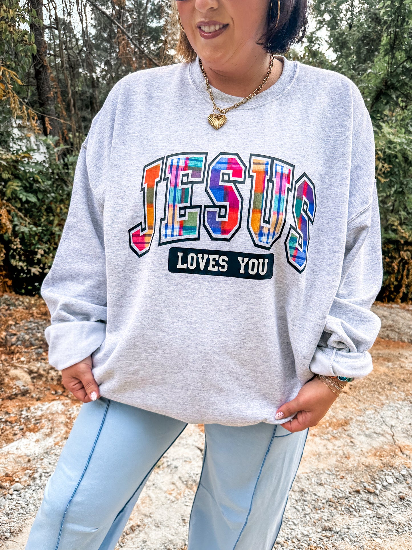 Jesus Loves You Plaid - Ash Sweatshirt