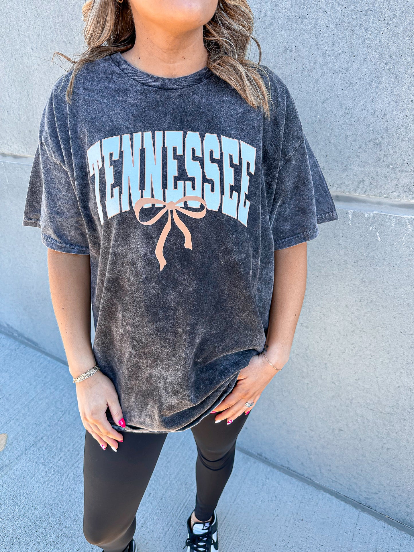 Tennessee Bow Black Acid Wash Tee