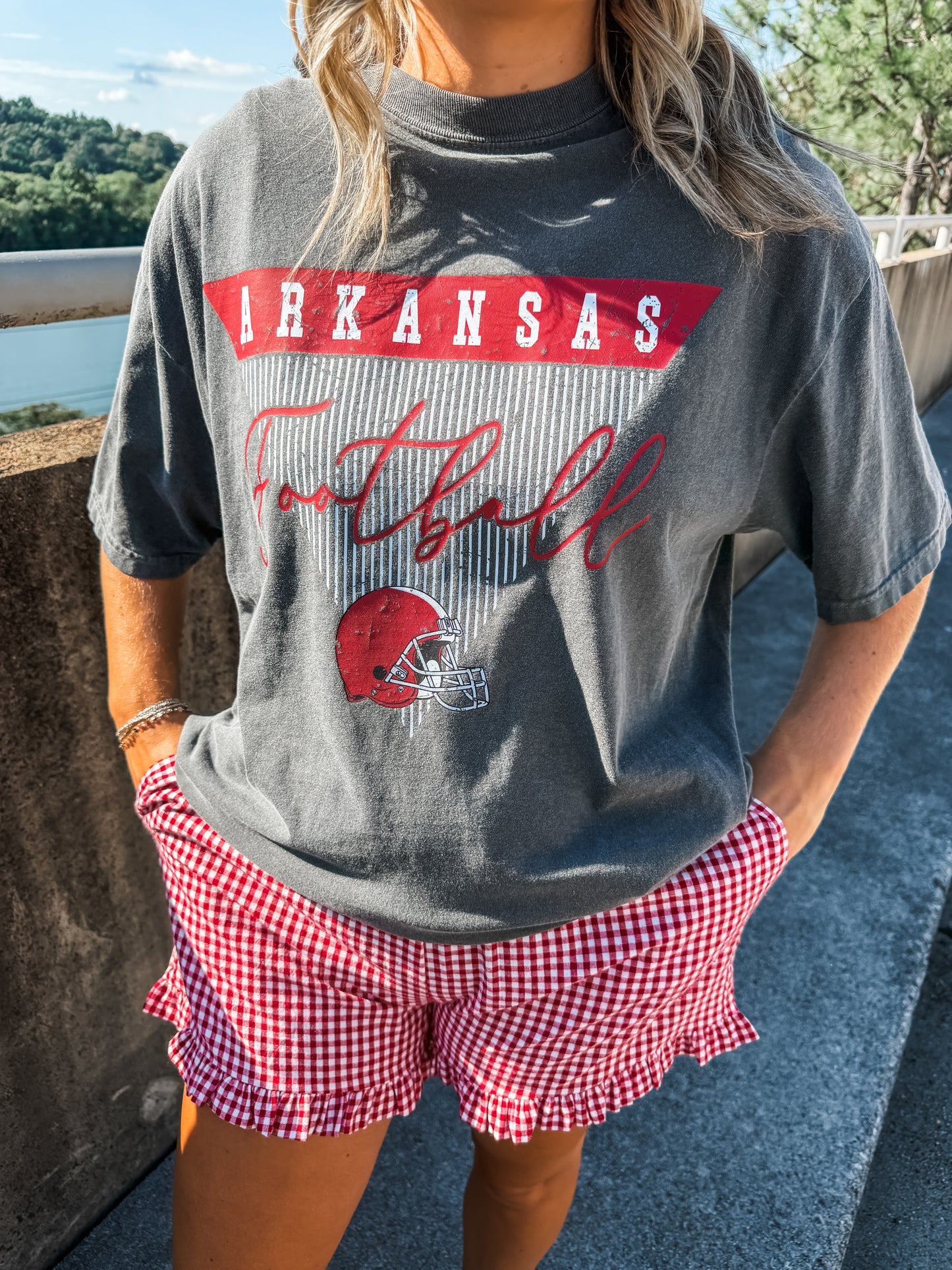Arkansas Stripe Football - Pepper Tee