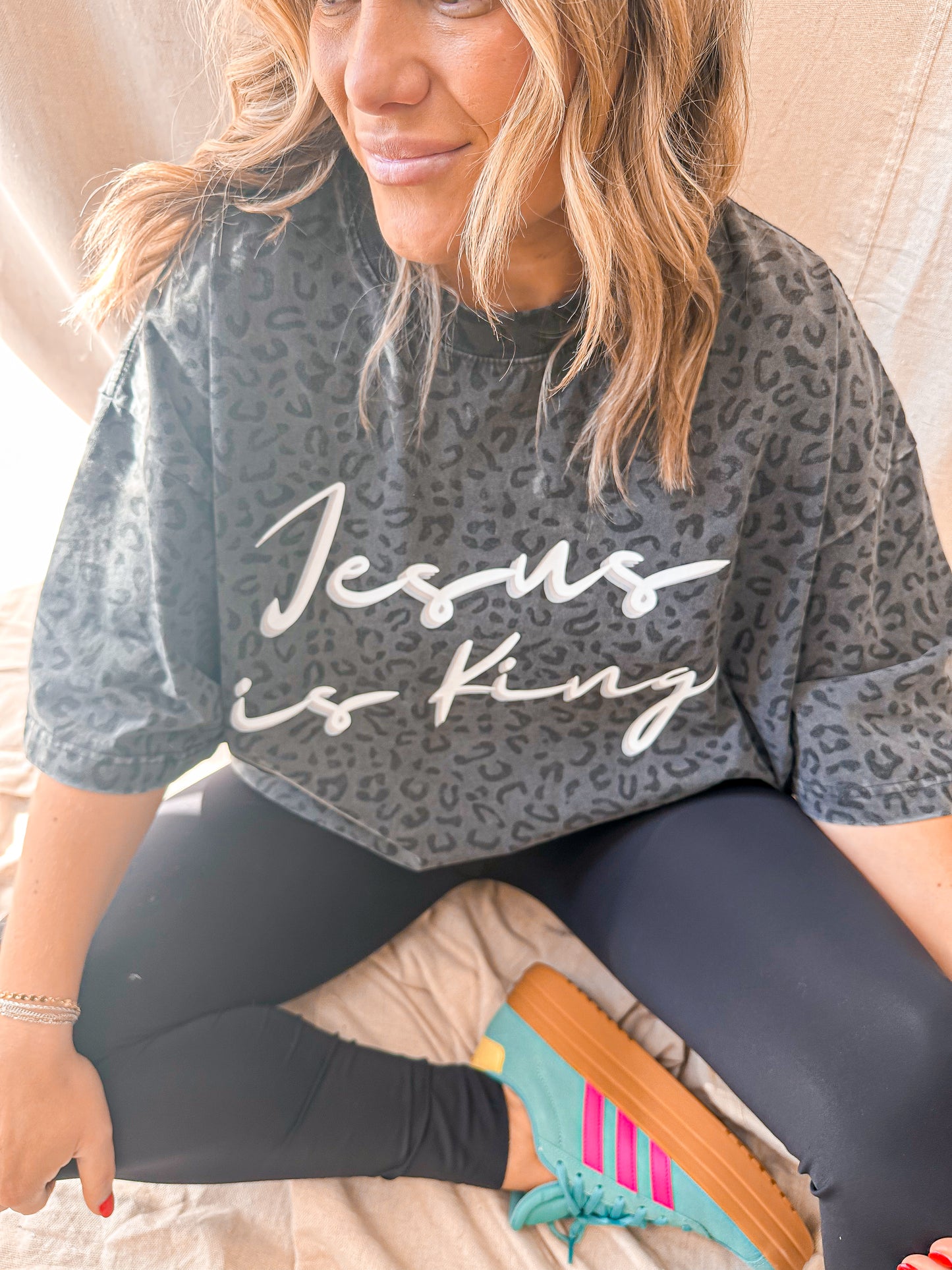 Jesus is King Black Leopard- Oversized Christian Graphic tee