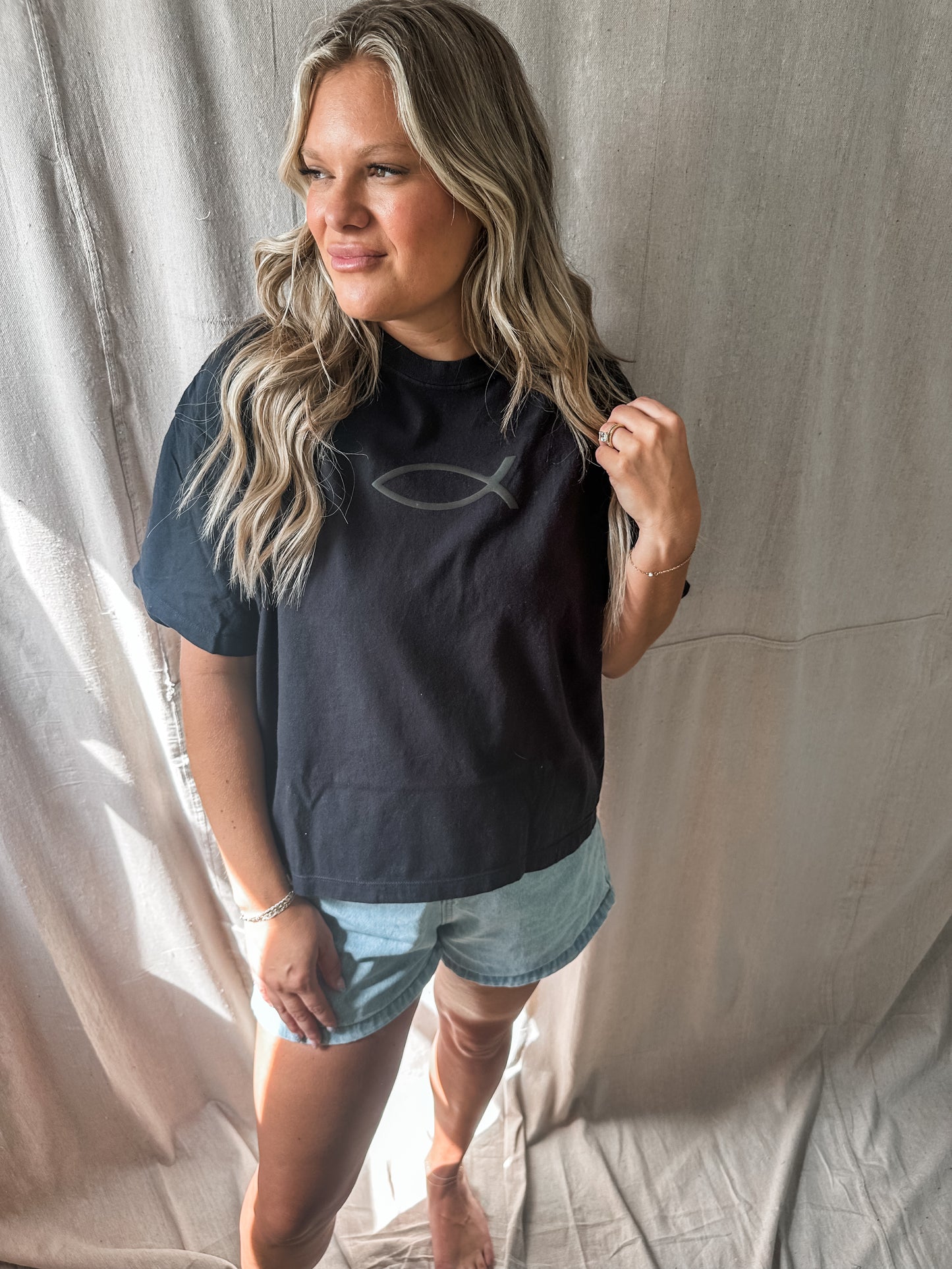 Jesus Fish- Black Crop Tee