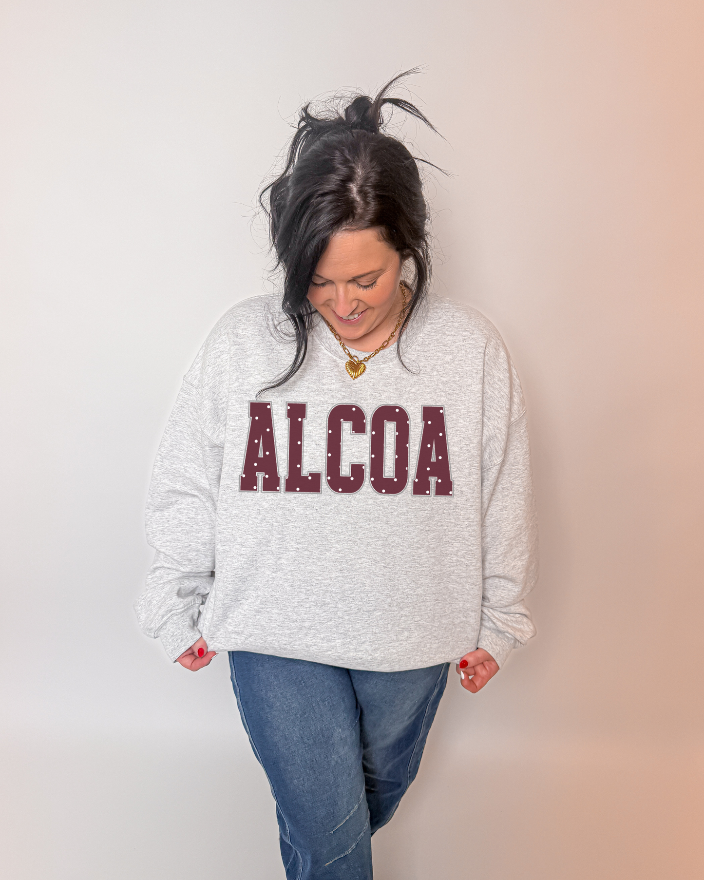 Alcoa- Maroon with white polka dots- gray outline- ash sweatshirt
