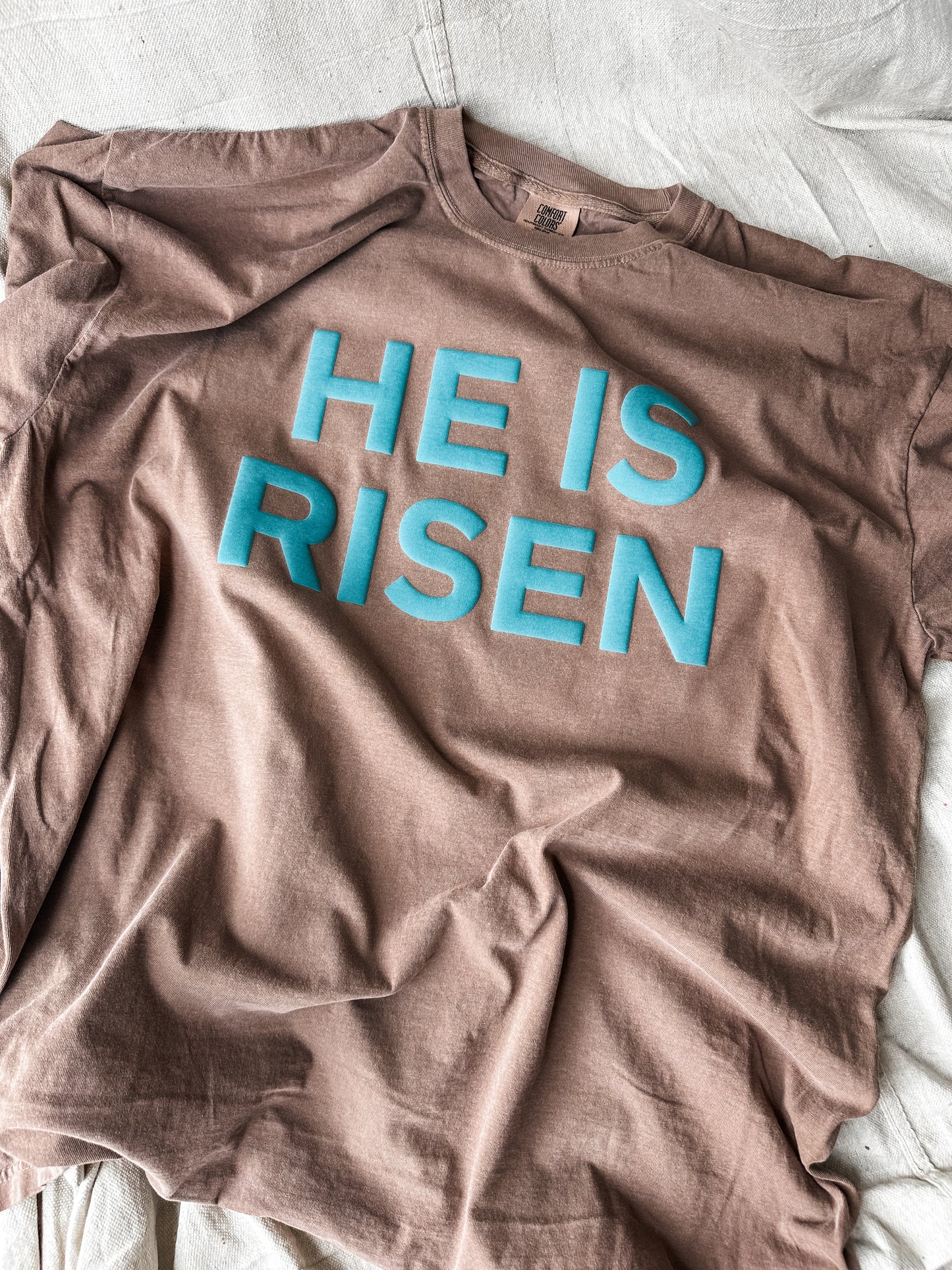 He Is Risen- Green puff- BROWN Comfort Colors Tee