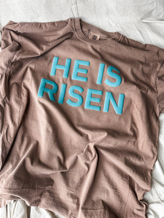 He Is Risen- Green puff- BROWN Comfort Colors Tee