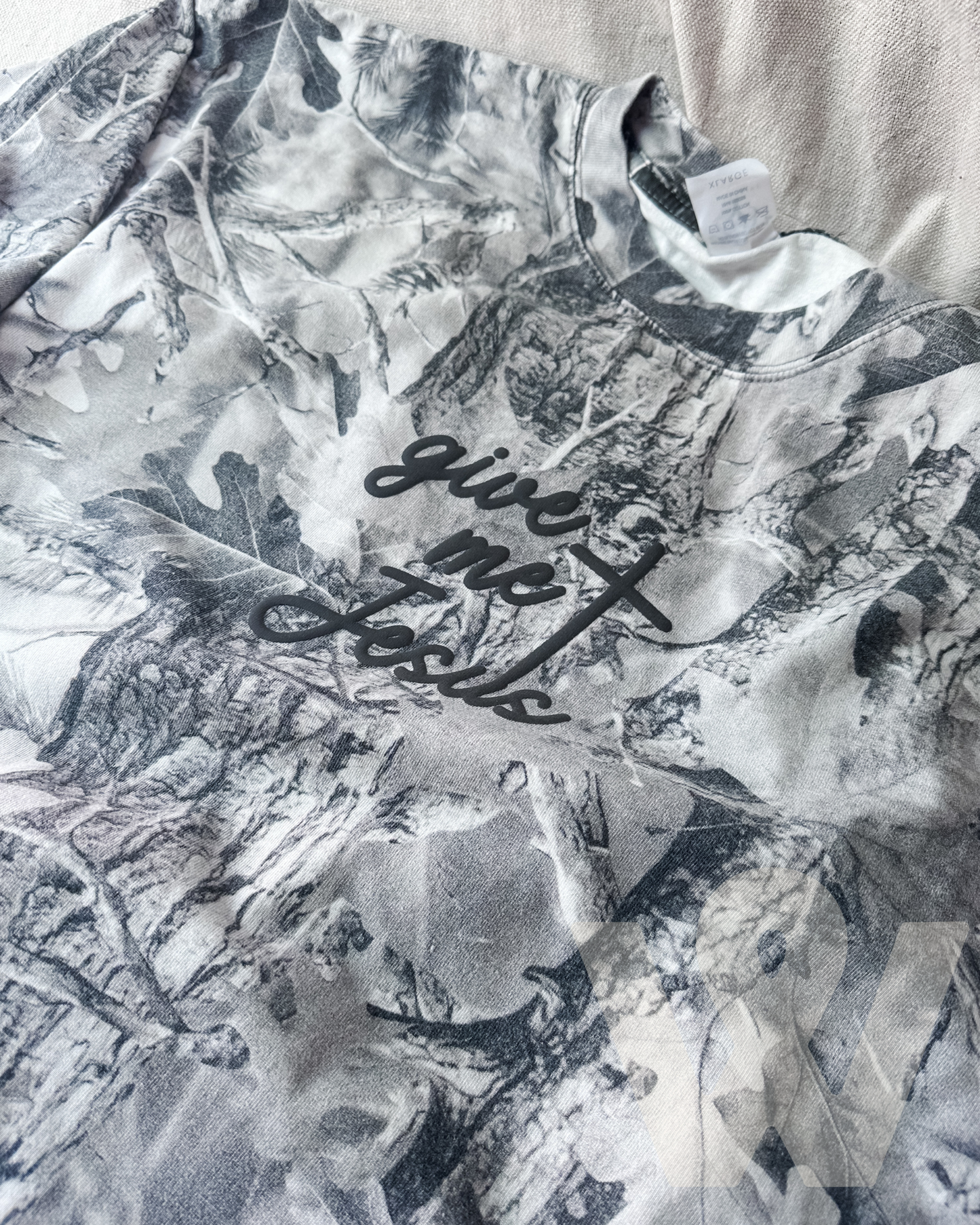 Give Me Jesus- Gray Camo Graphic Tee- Black Puff