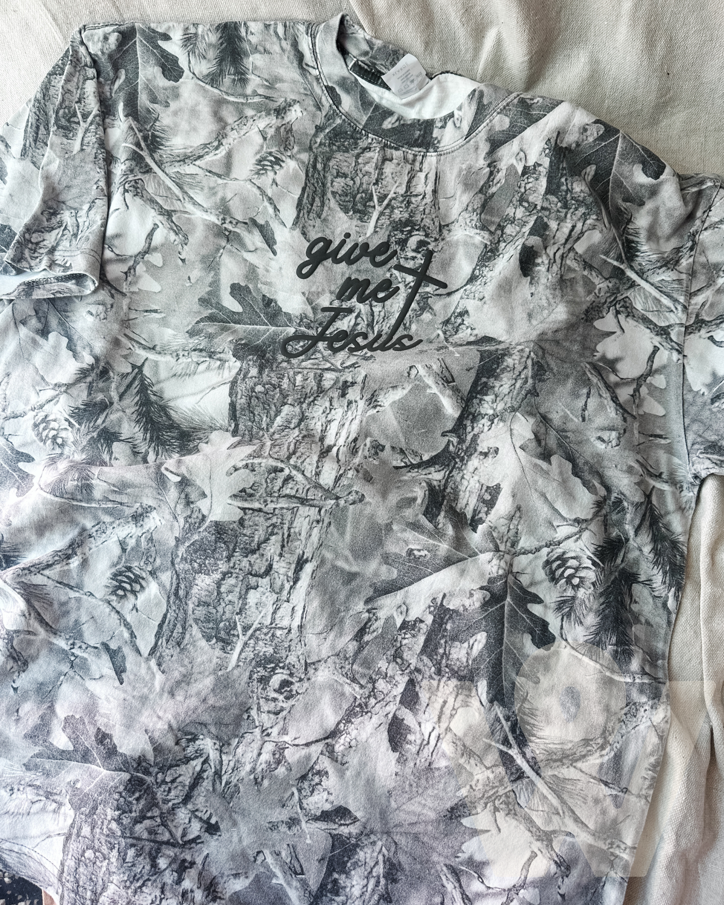 Give Me Jesus- Gray Camo Graphic Tee- Black Puff