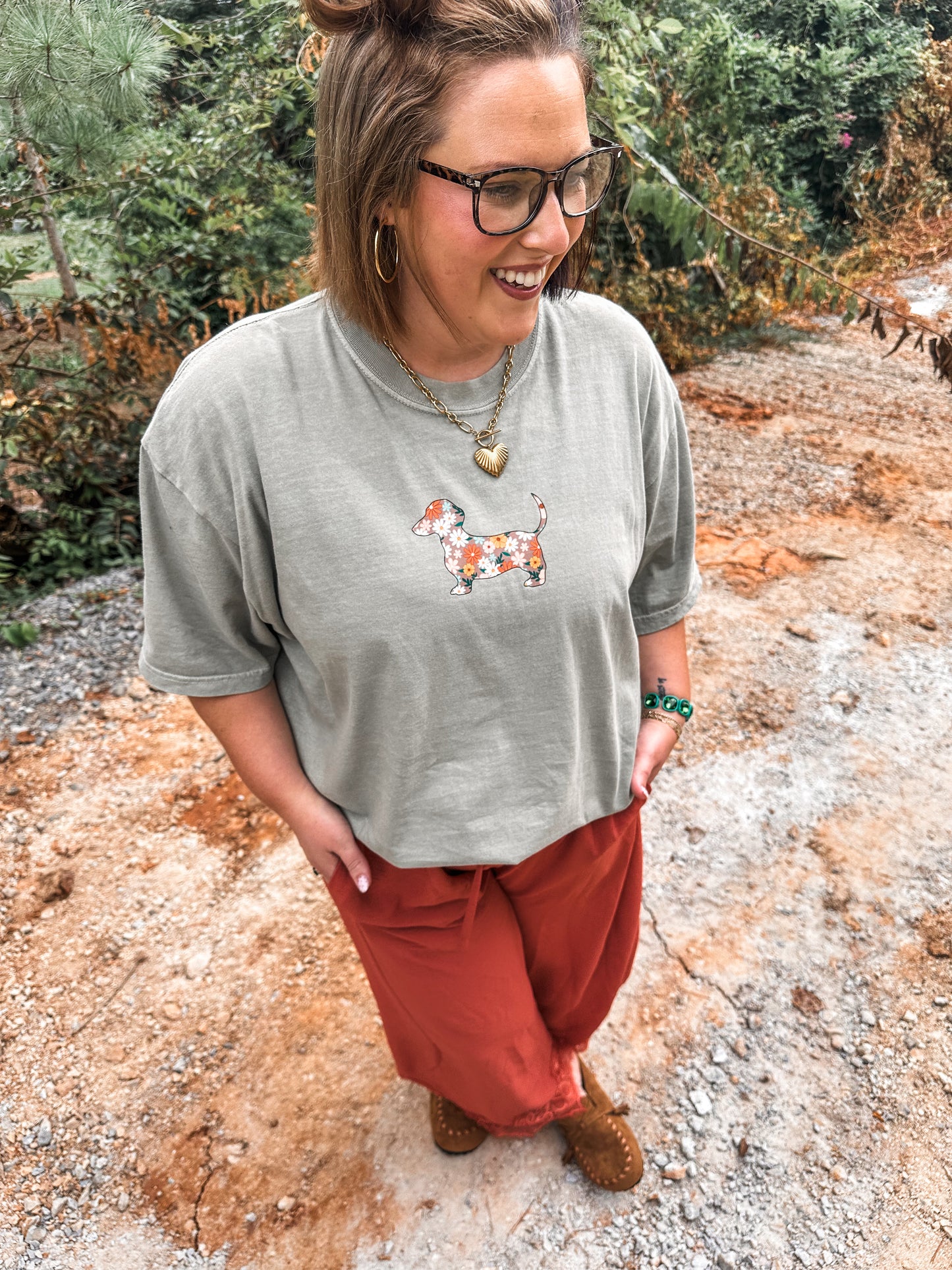 Floral Dachshund Green Tee