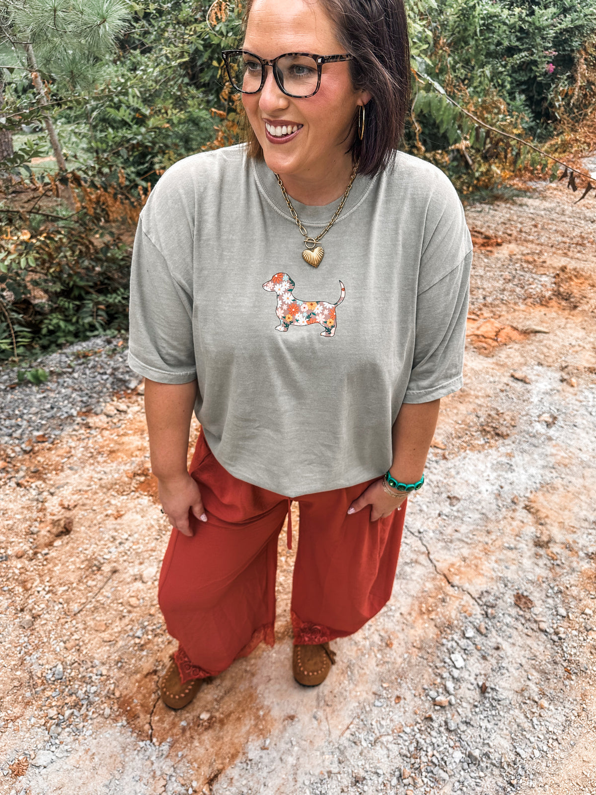 Floral Dachshund Green Tee