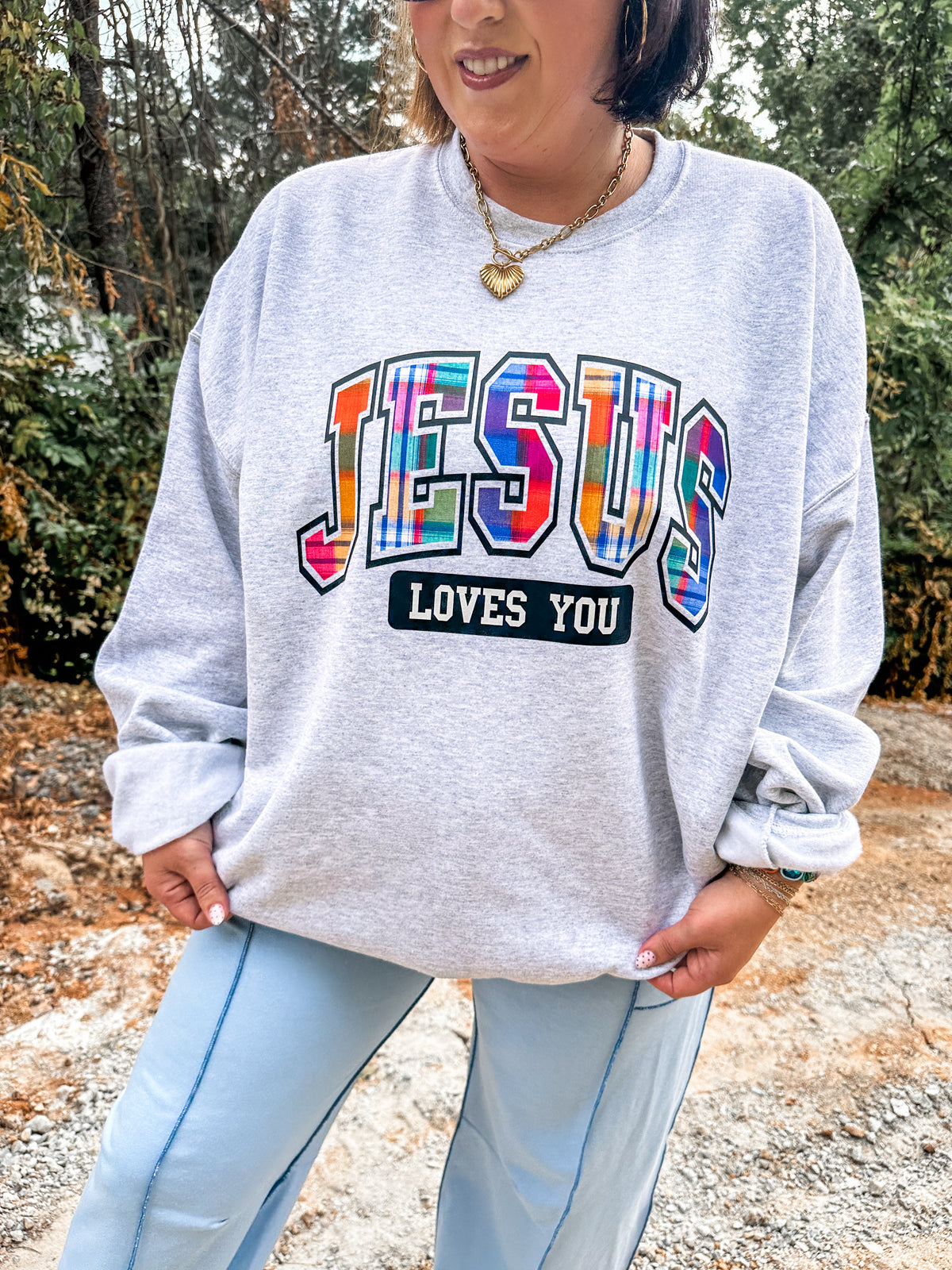 Jesus Loves You Plaid - Ash Sweatshirt