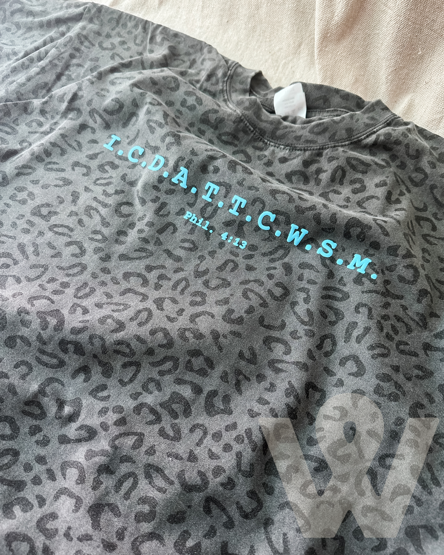 Phil 4:13 Bible Verse- Black Leopard Graphic Tee- Blue Puff