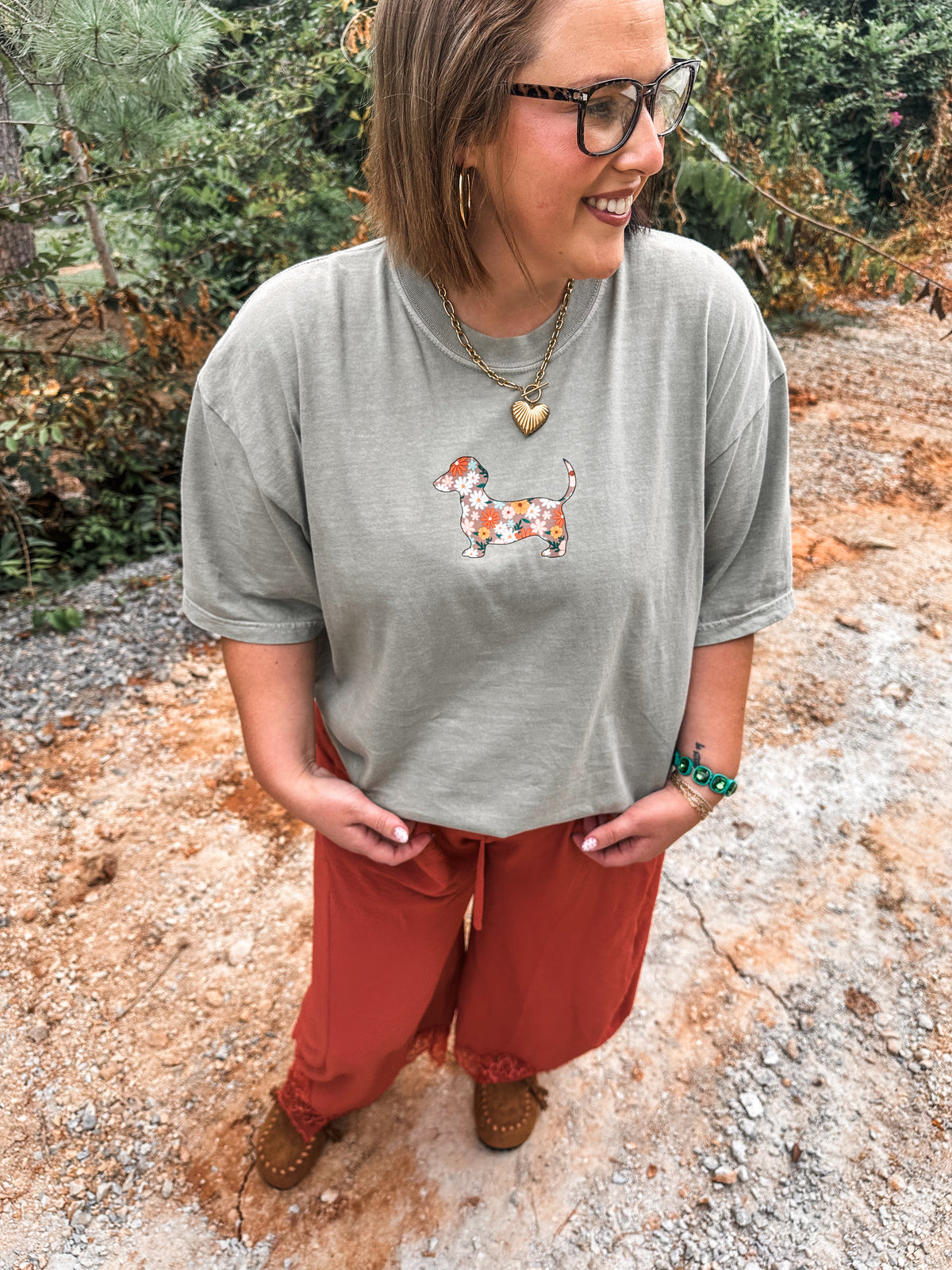 Floral Dachshund Green Tee