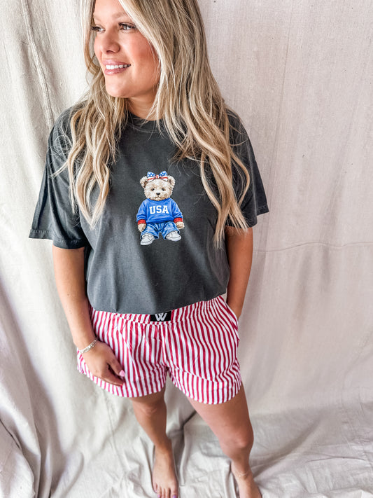 USA Teddy Bear Graphic Tee – pepper Comfort Colors