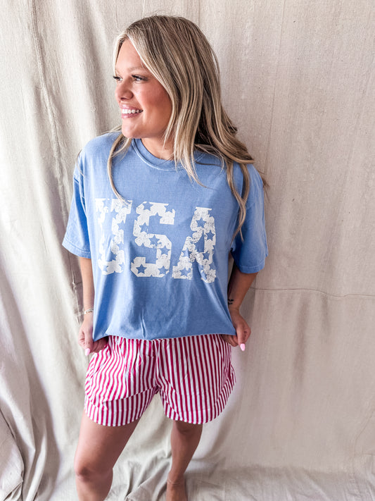 USA Vintage Star Graphic Tee – Comfort Colors Blue