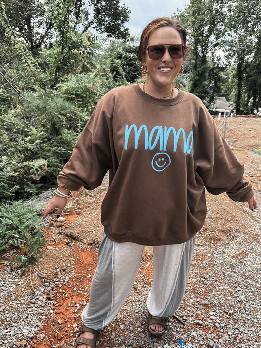 MAMA smiley blue puff- brown sweatshirt