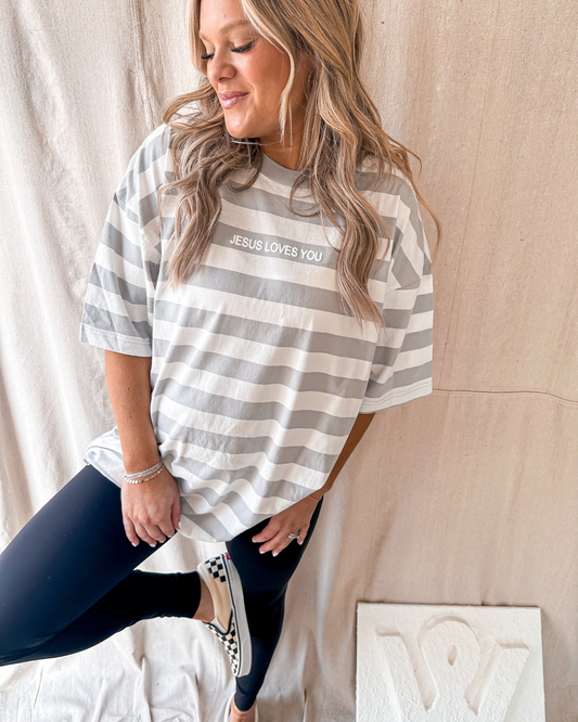 Jesus Loves You GRAY Stripes Graphic Tee
