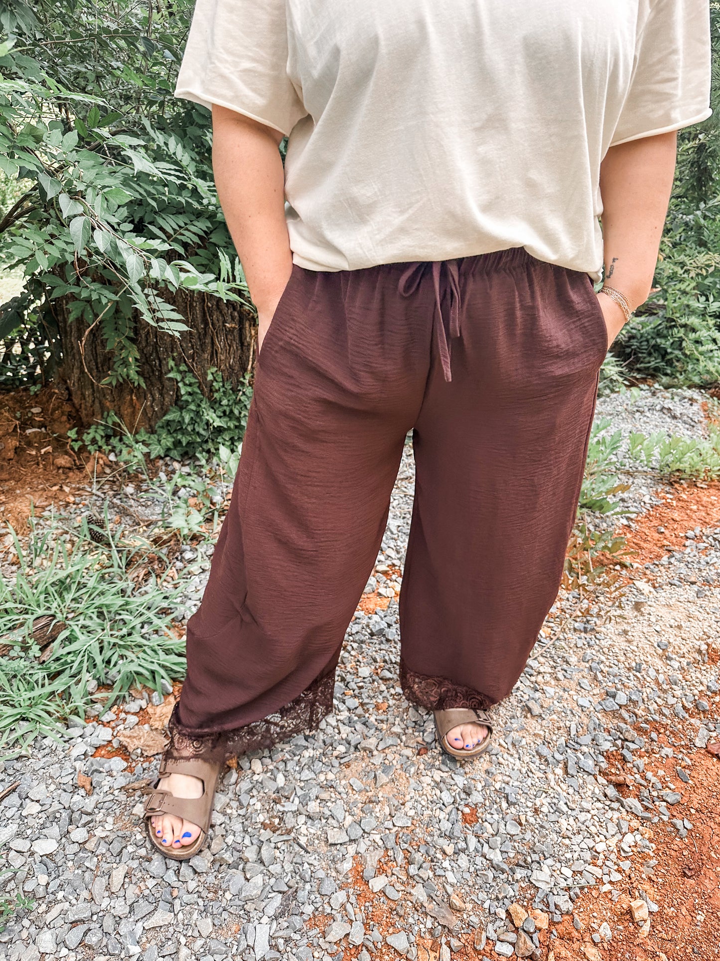 Comfy Chic Lace Balloon Pants- Brown
