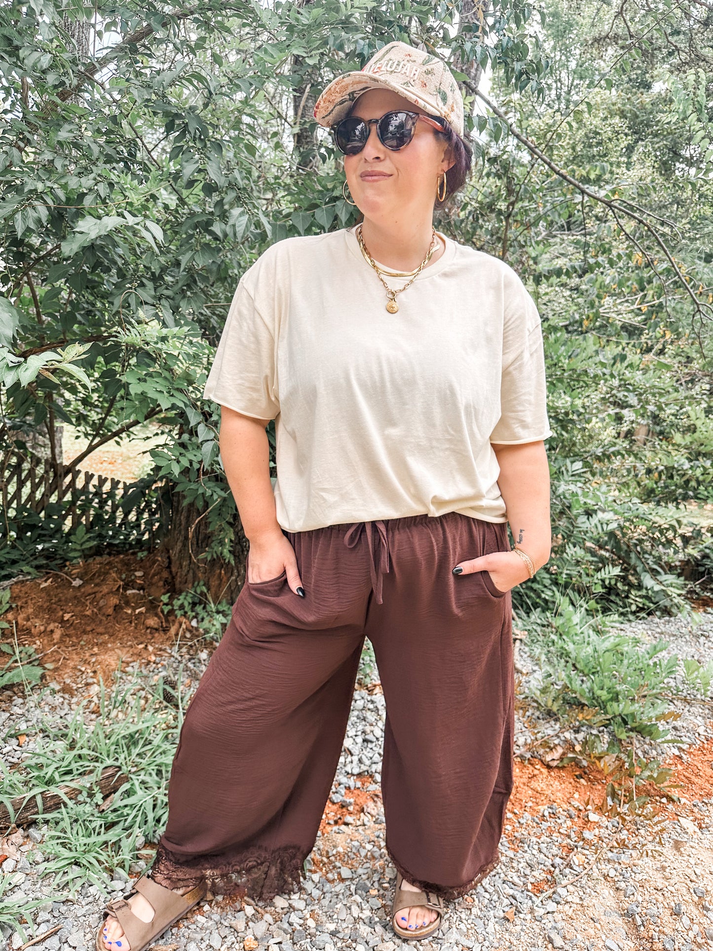 Comfy Chic Lace Balloon Pants- Brown