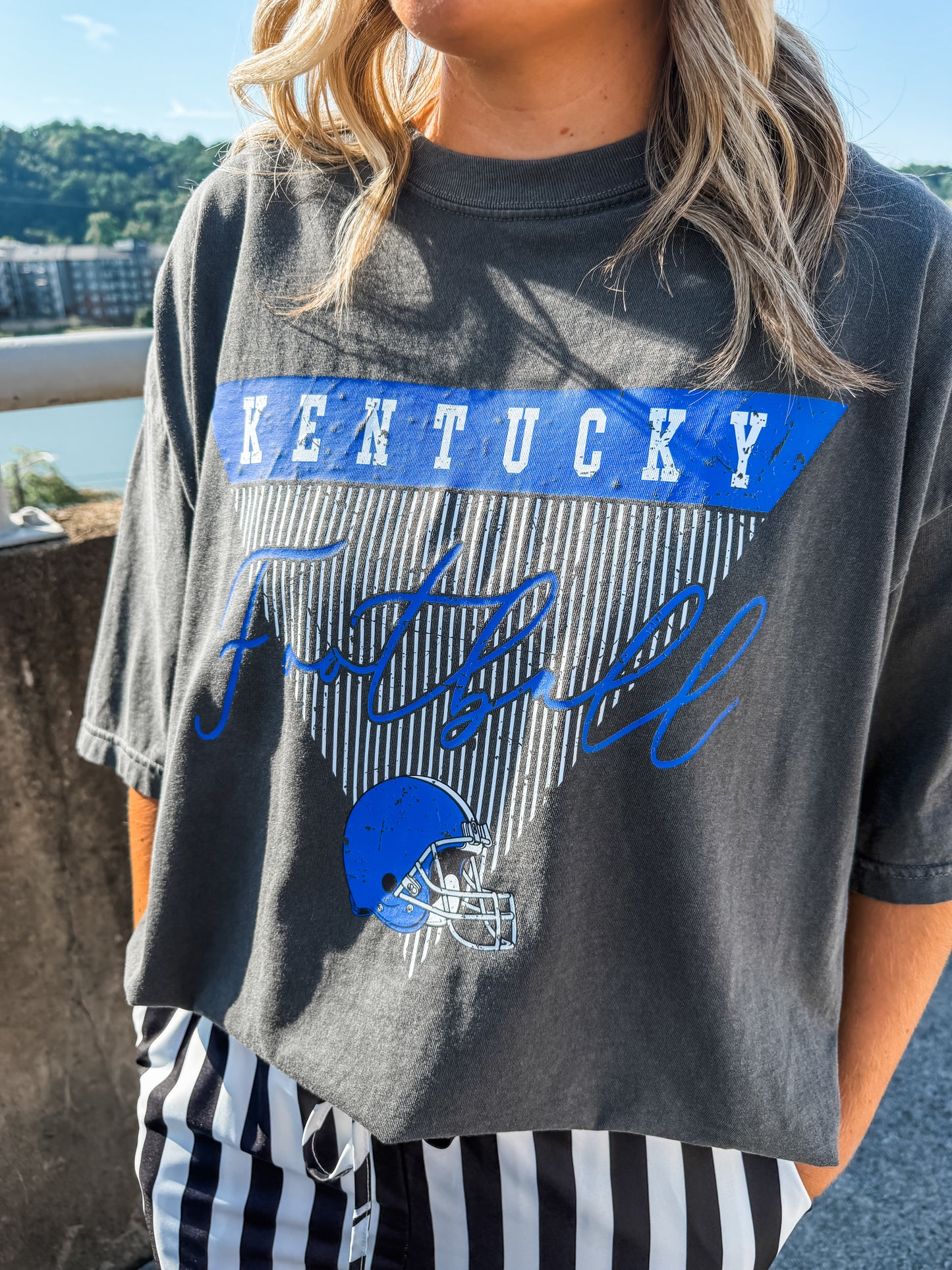 Kentucky Stripe Football - Pepper Tee
