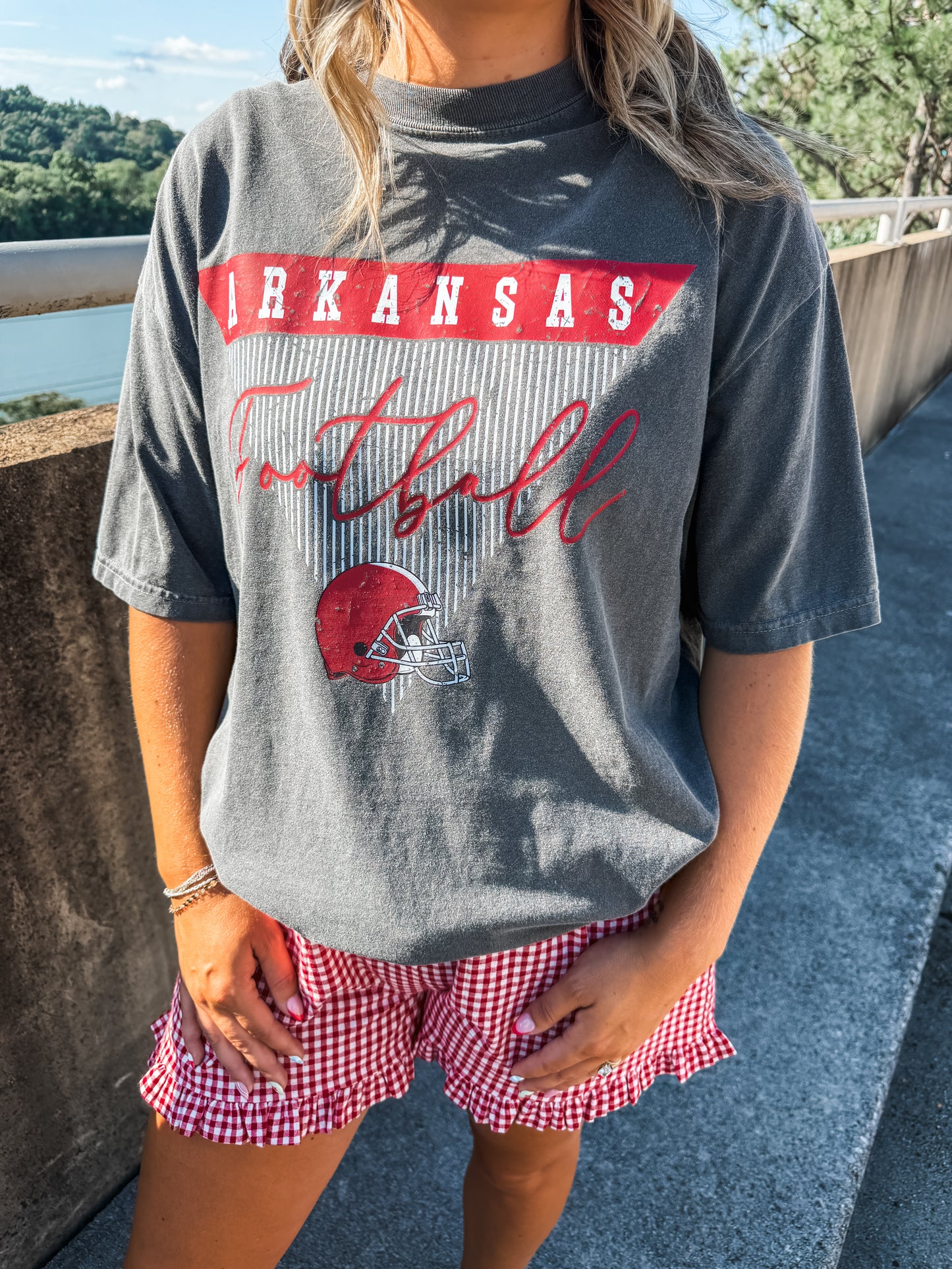Arkansas Stripe Football - Pepper Tee