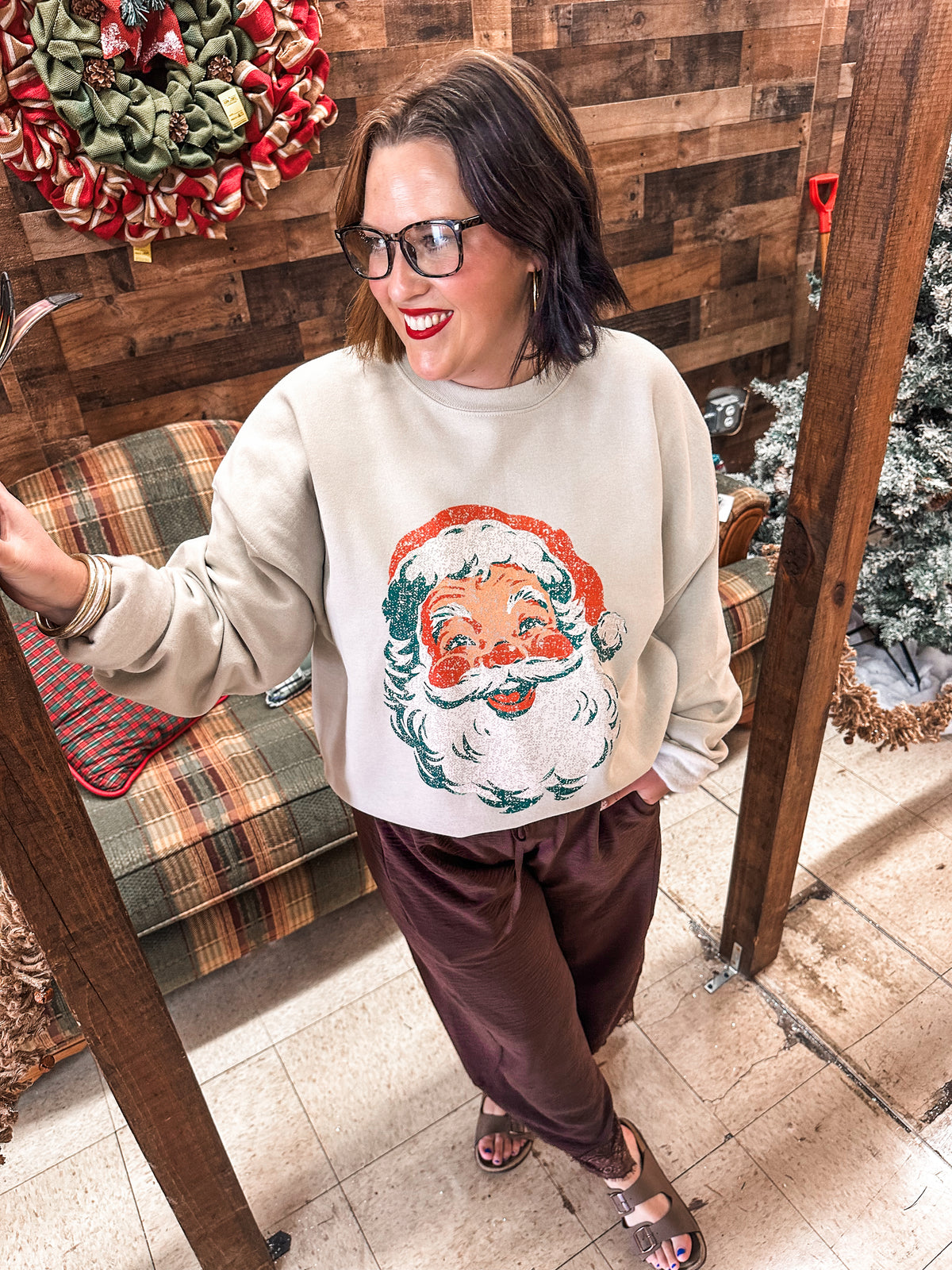 Vintage Jolly Santa- Sand Sweatshirt