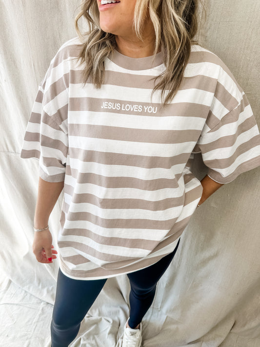 Jesus Loves You BEIGE Stripes Graphic Tee