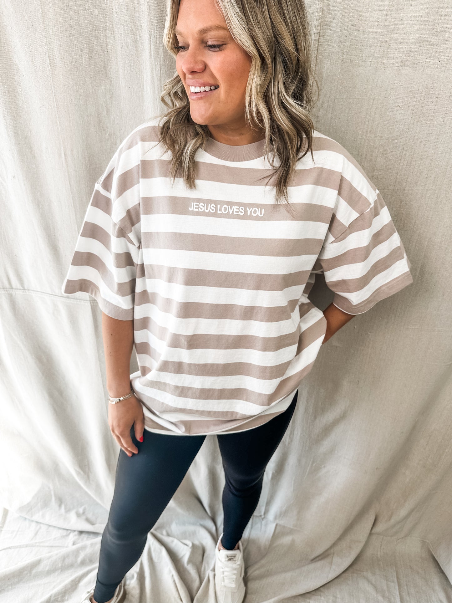 Jesus Loves You BEIGE Stripes Graphic Tee