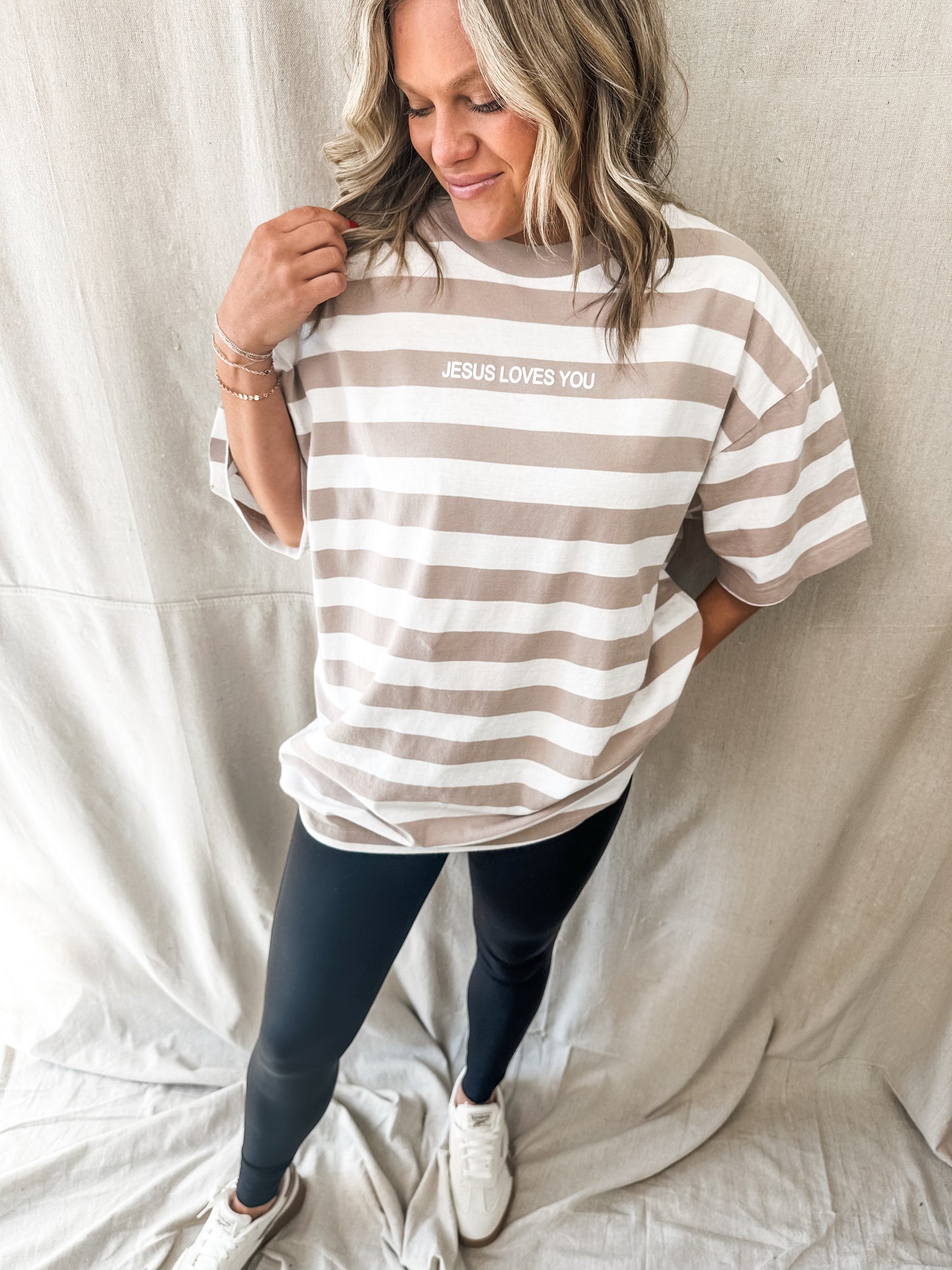 Jesus Loves You BEIGE Stripes Graphic Tee