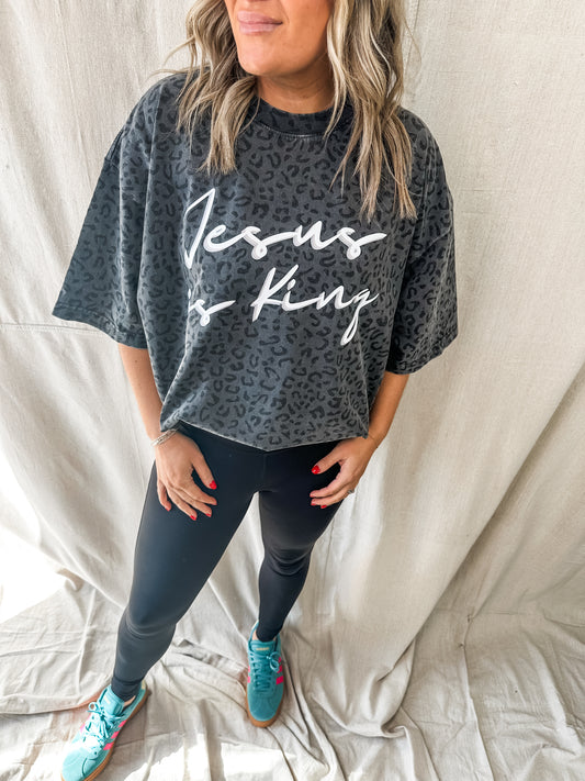 Jesus is King Black Leopard- Oversized Christian Graphic tee