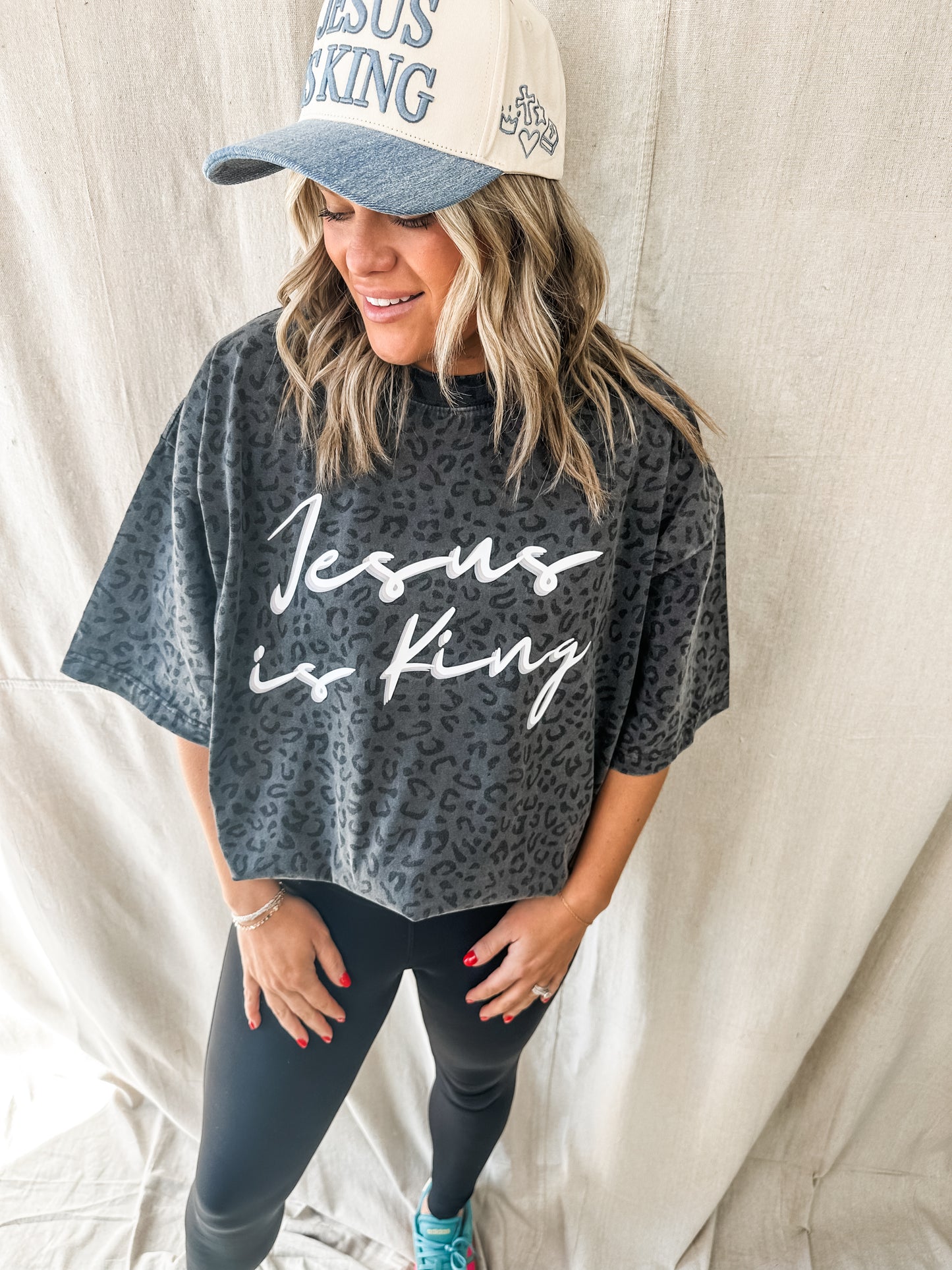 Jesus is King Black Leopard- Oversized Christian Graphic tee