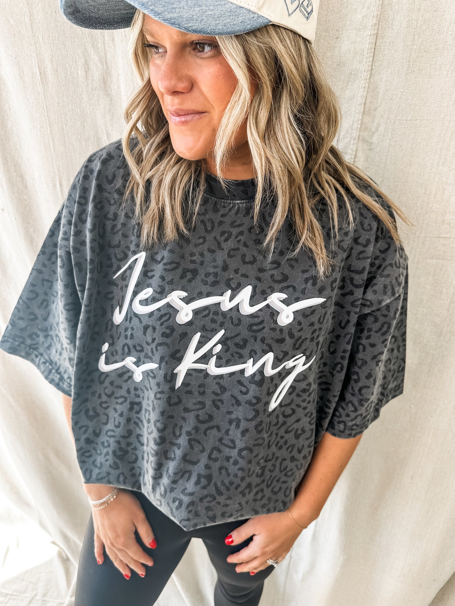 Jesus is King Black Leopard- Oversized Christian Graphic tee