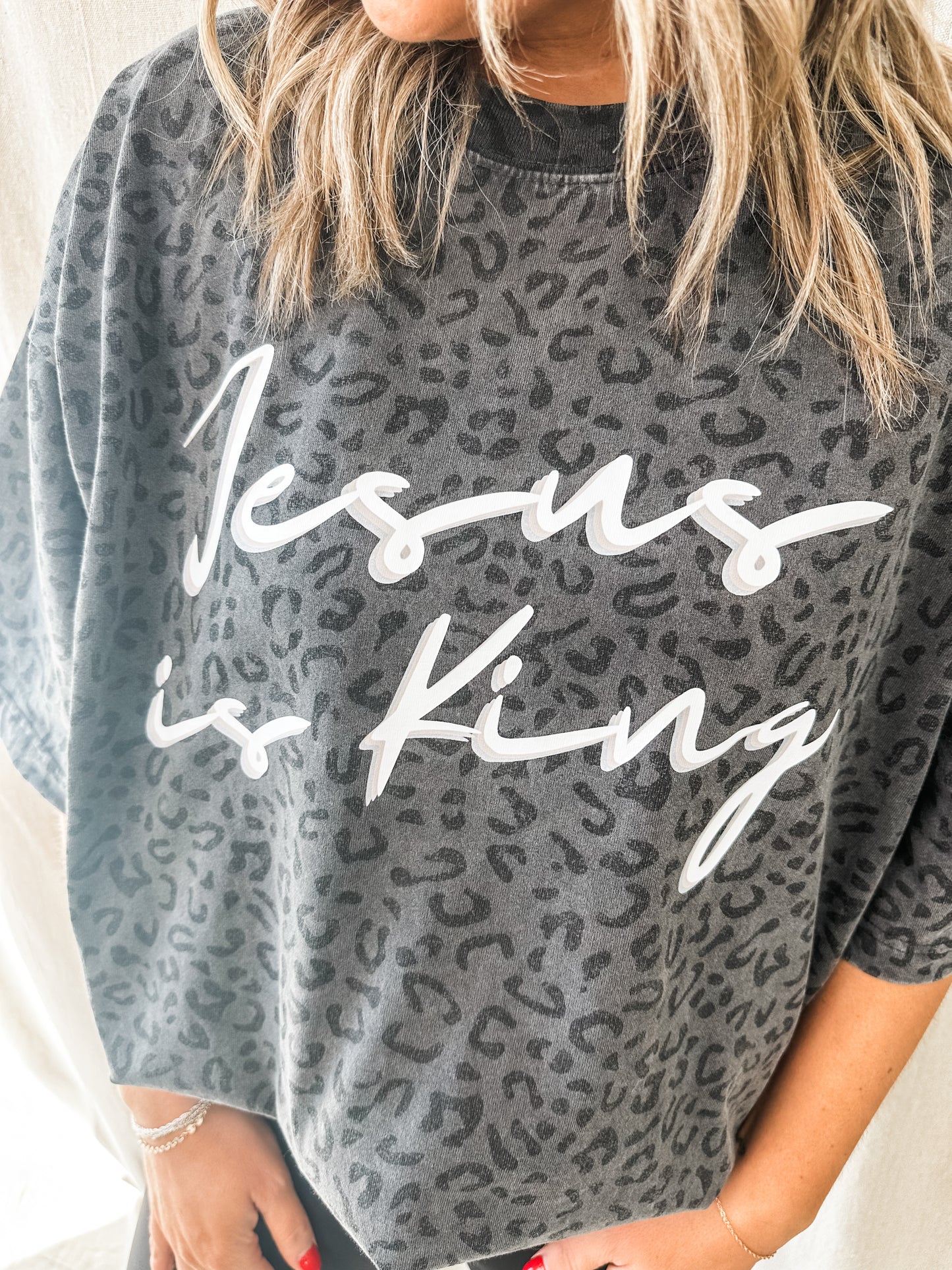 Jesus is King Black Leopard- Oversized Christian Graphic tee