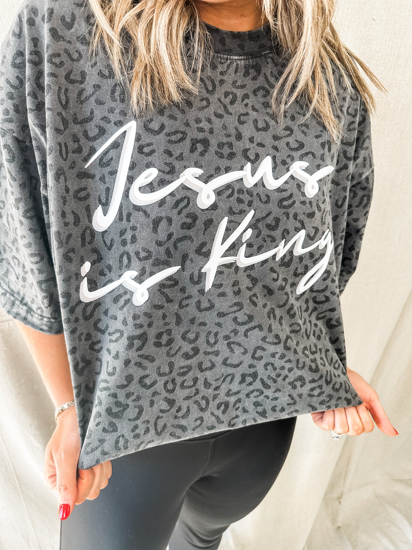 Jesus is King Black Leopard- Oversized Christian Graphic tee