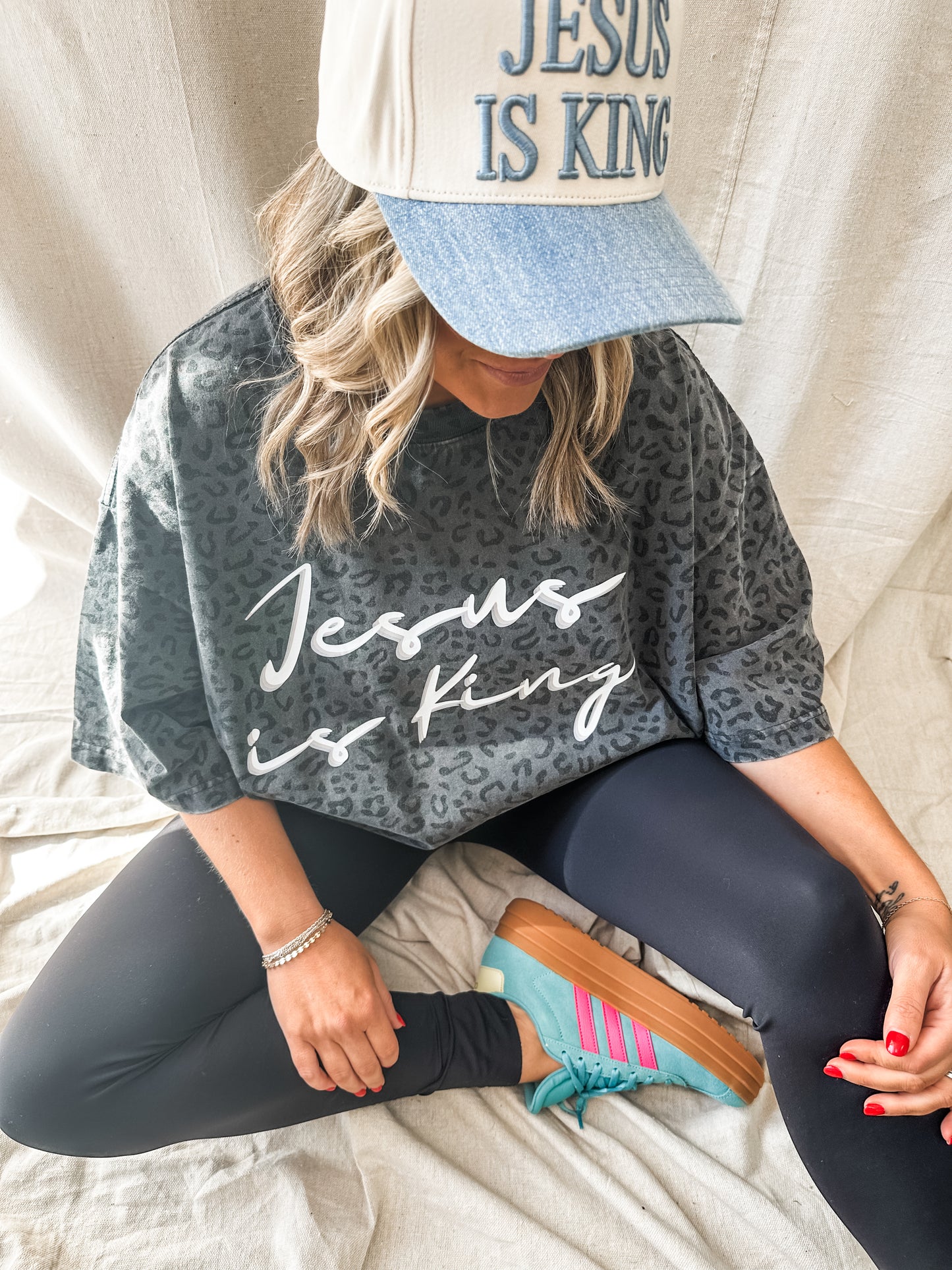 Jesus is King Black Leopard- Oversized Christian Graphic tee