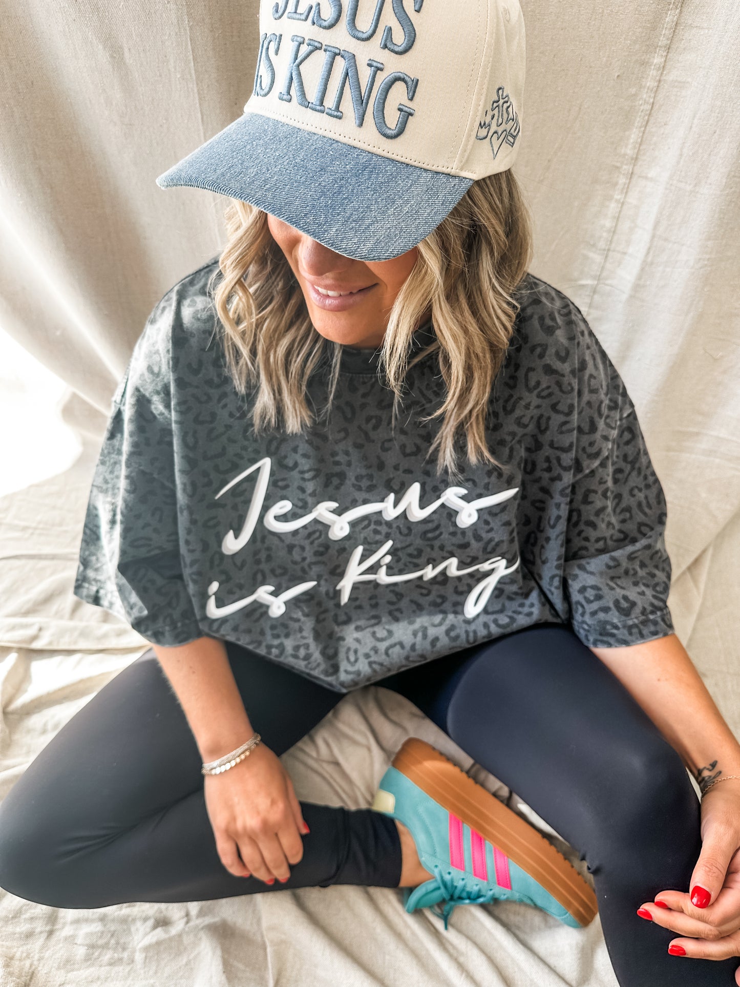 Jesus is King Black Leopard- Oversized Christian Graphic tee