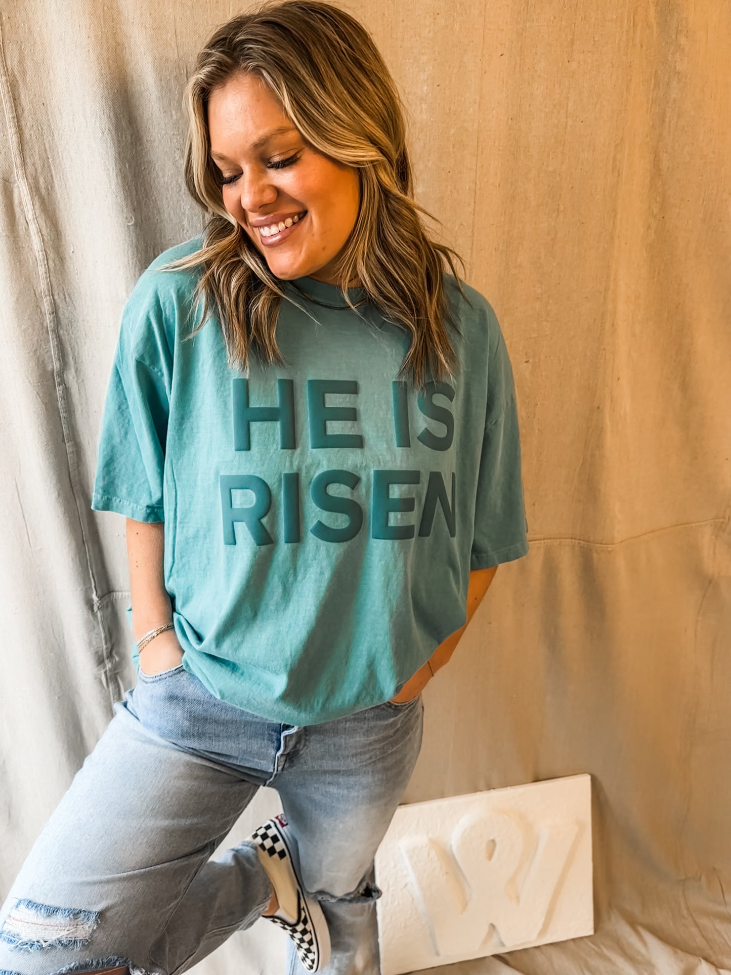 He Is Risen- Green puff- Comfort Colors Tee