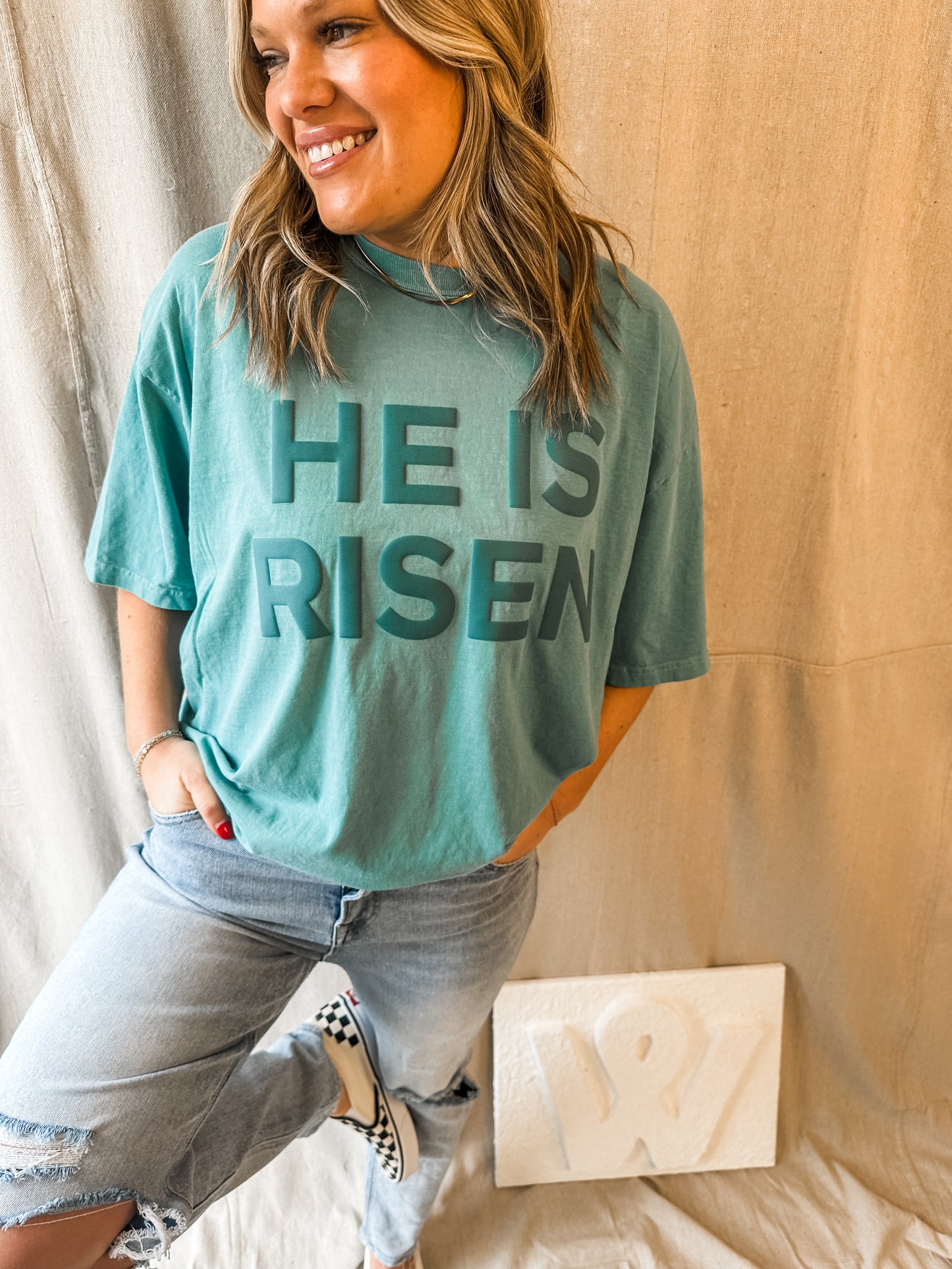 He Is Risen- Green puff- Comfort Colors Tee