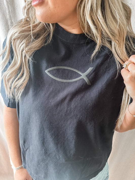 Jesus Fish- Black Crop Tee