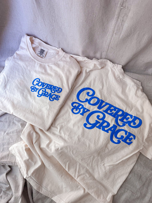 Covered By Grace blue puff- Ivory Tee
