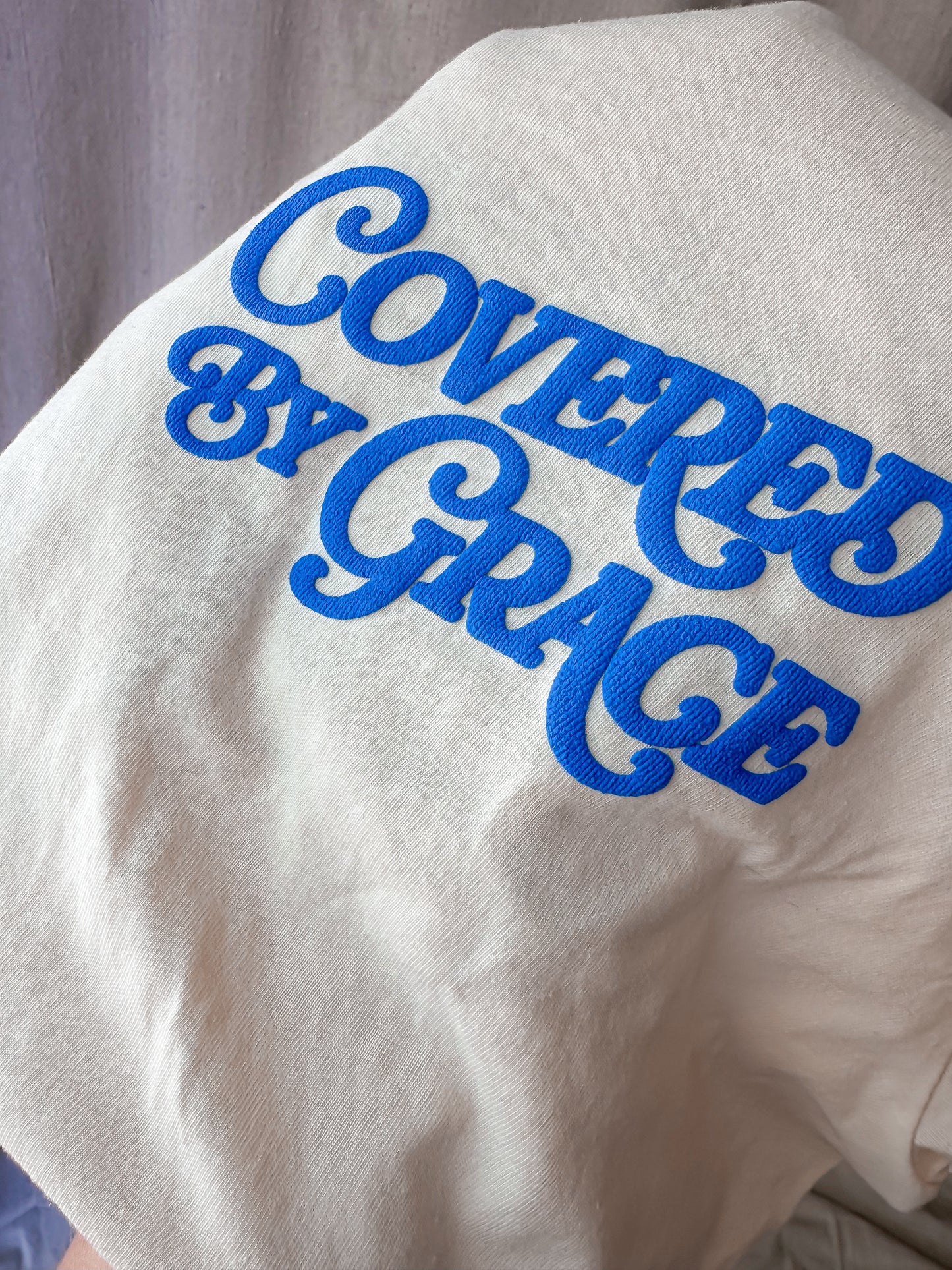 Covered By Grace blue puff- Ivory Tee
