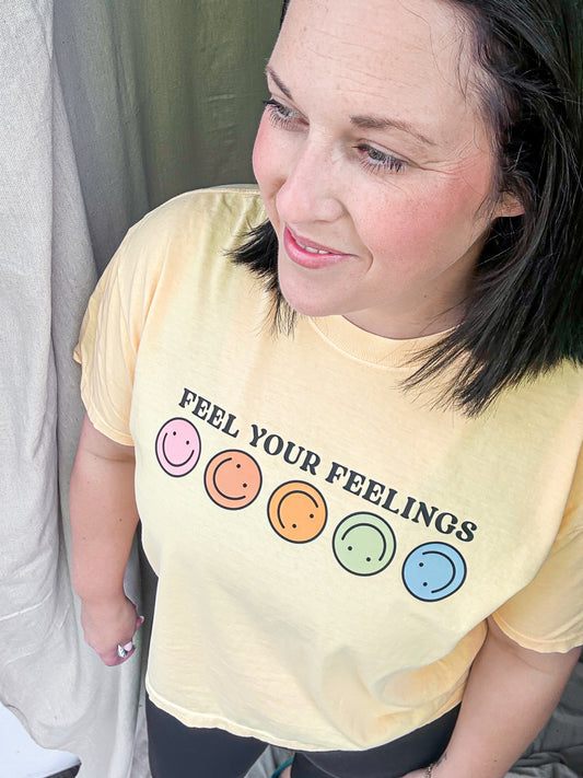 Feel Your Feelings Graphic Tee – Yellow Comfort Colors Crop Shirt