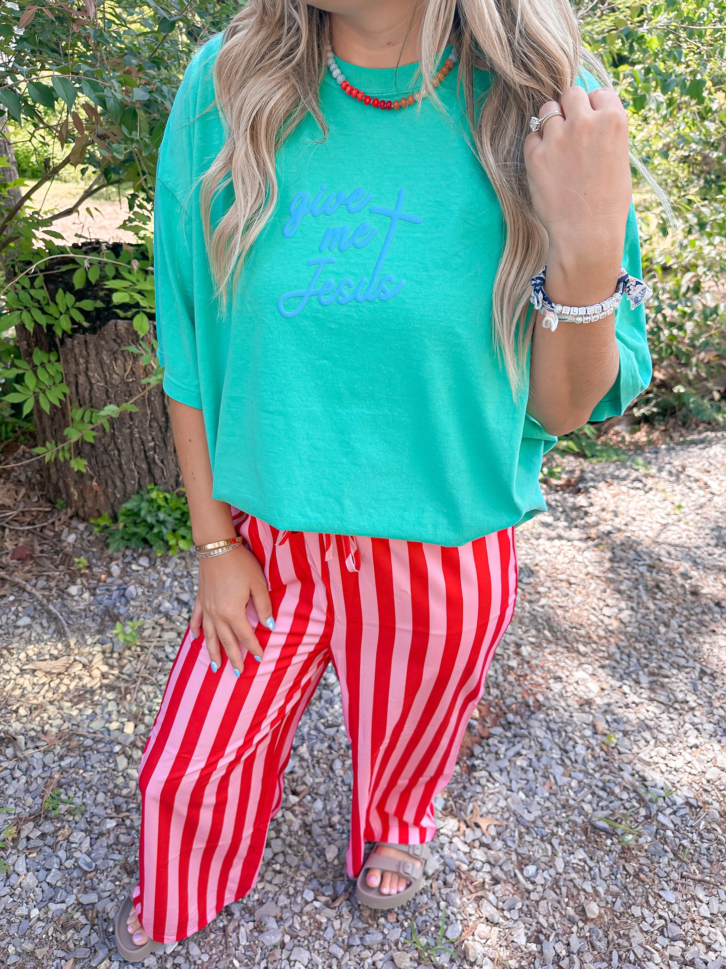 Give Me Jesus Island Green Tee- Blue Puff