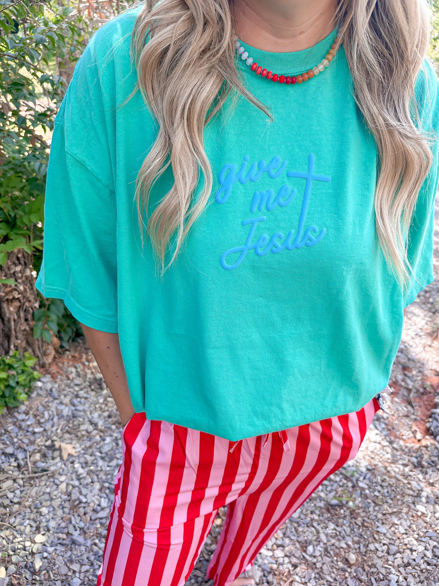 Give Me Jesus Island Green Tee- Blue Puff