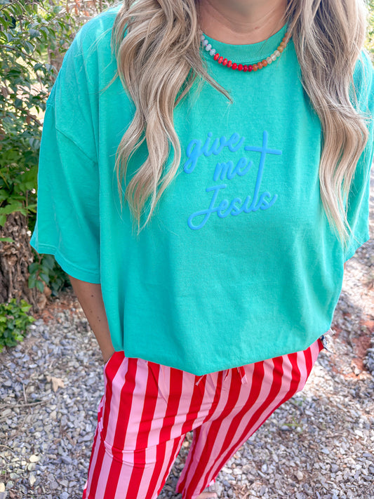 Give Me Jesus Island Green Tee- Blue Puff