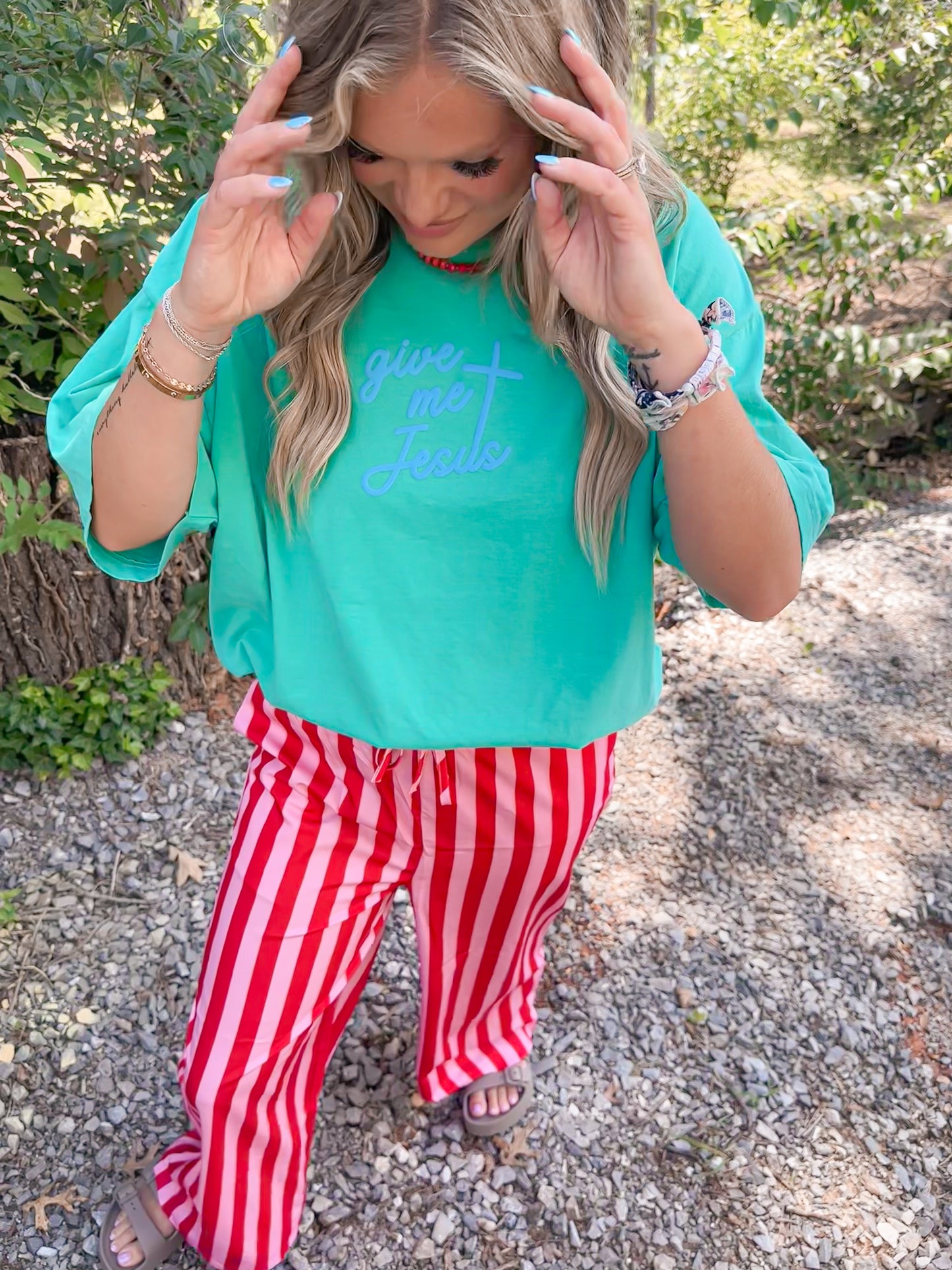 Give Me Jesus Island Green Tee- Blue Puff