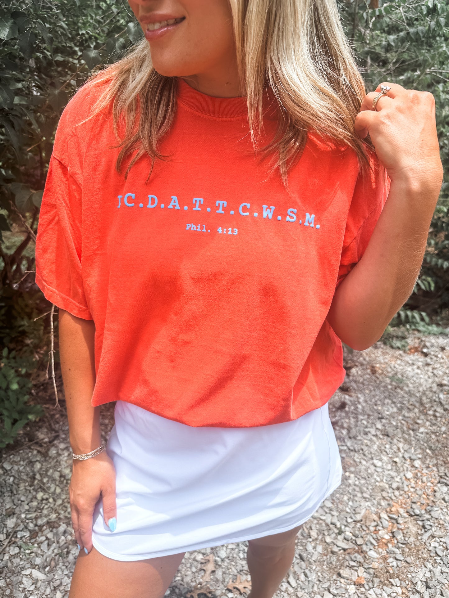 Phil 4:13 Bright Salmon Tee- Bluff Puff