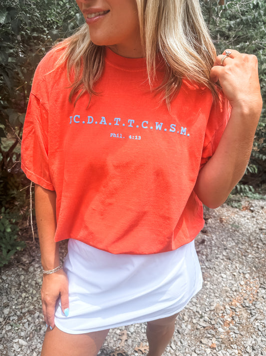 Phil 4:13 Bright Salmon Tee- Bluff Puff