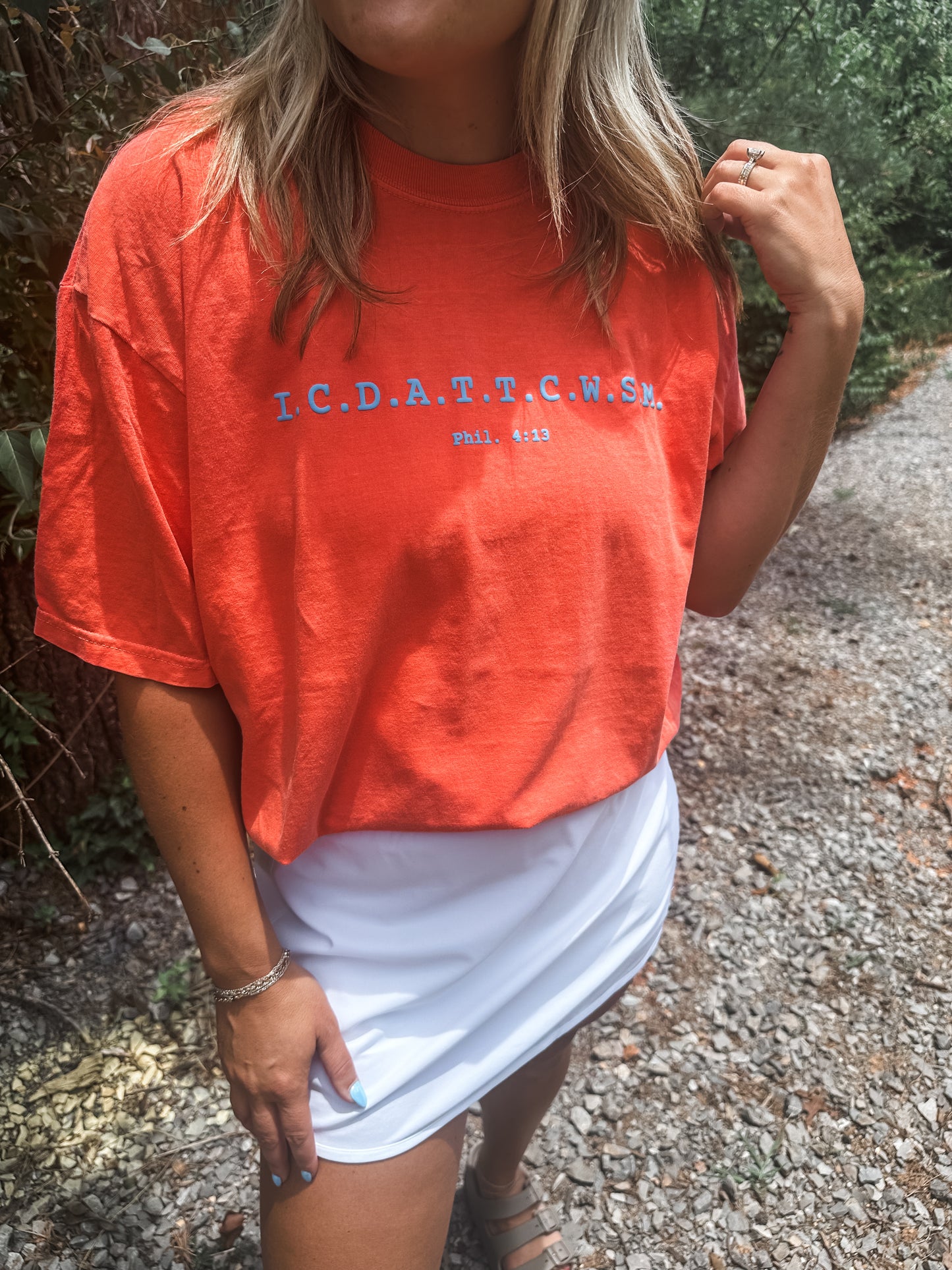 Phil 4:13 Bright Salmon Tee- Bluff Puff