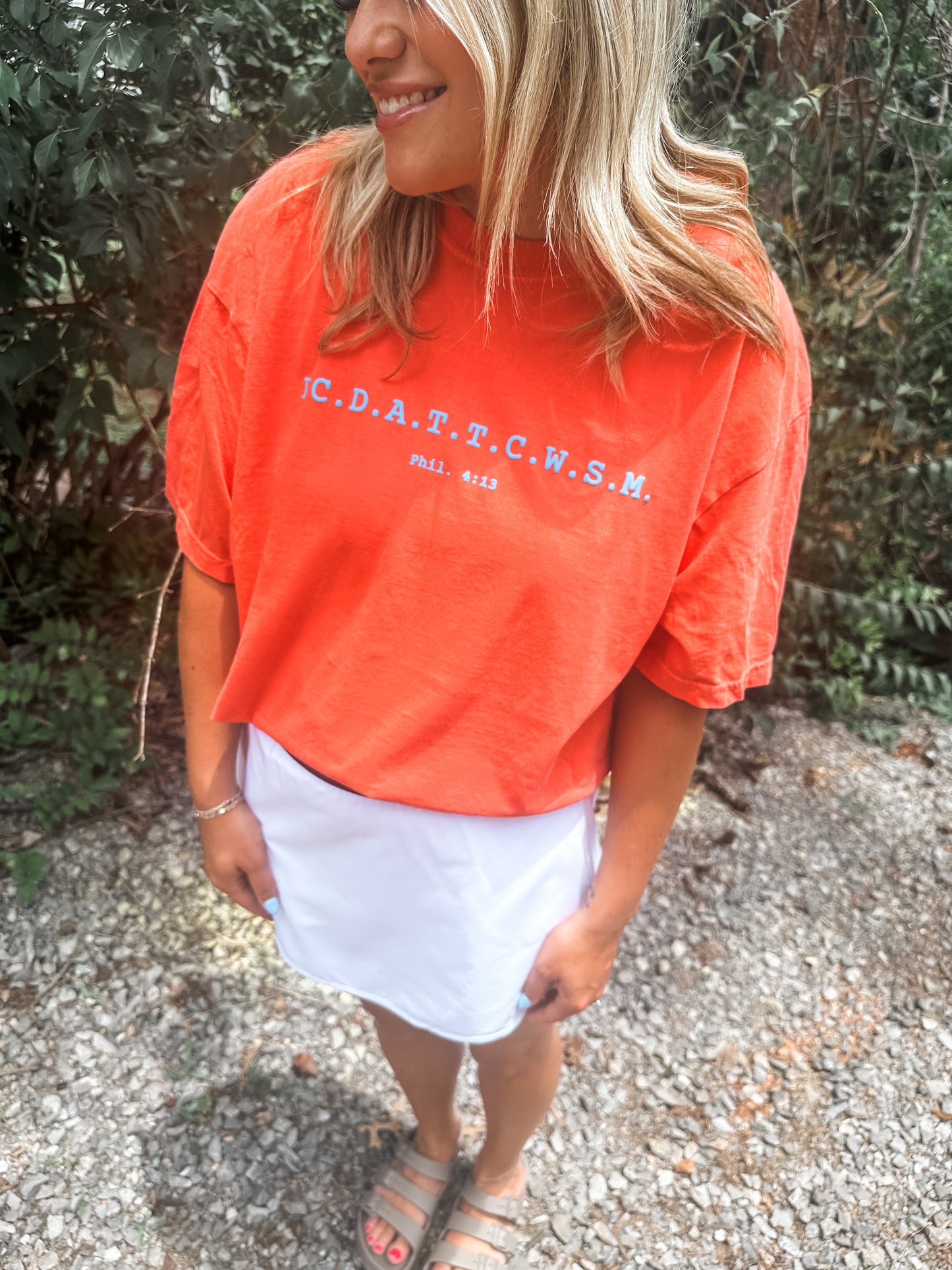 Phil 4:13 Bright Salmon Tee- Bluff Puff
